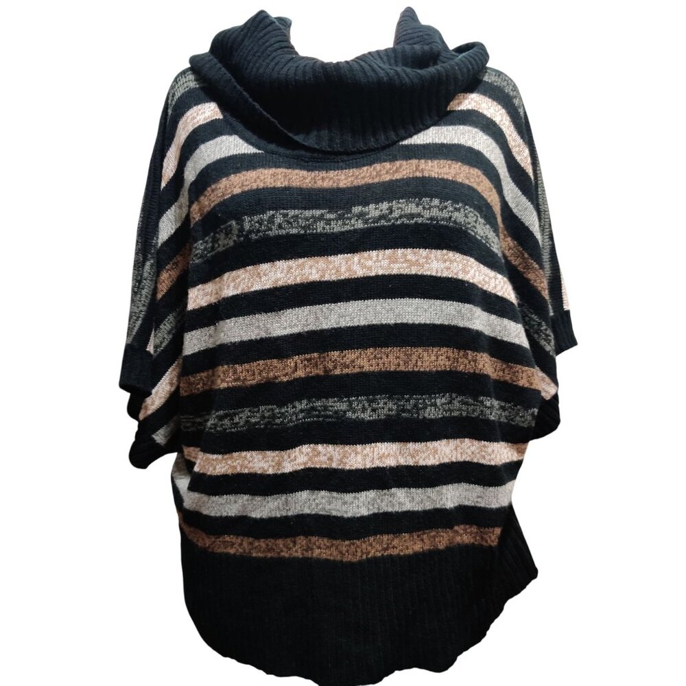 Faded Glory XXL Black Tan Gray Striped Knit Cowl Neck Batwing Sleeve Sweater